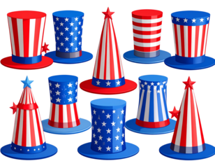 Patriotic Party Hats and Uncle Sam Hats with American Flag Patterns, Isolated on Transparent Background PNG