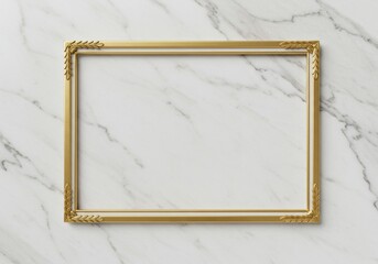 A rectangular golden picture frame with a simple border, empty and resting on a white marble surface.