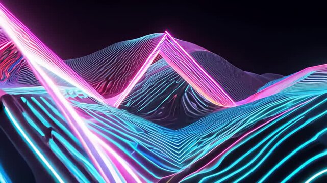 A 3D view of bright, colorful light waves interacting with each other, creating a futuristic and abstract landscape. The glowing lines form a captivating visual.