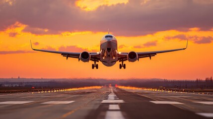 A jetliner lifting into the sky with orange sunrise glow behind and runway lines visible