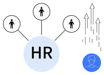 HR focus with individuals linked to main hub, arrows showing progress, small profile icon. Ideal for teamwork, career growth, recruitment, organizational structure, workforce planning, business