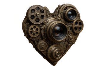 Steampunk heart of gears and lenses, isolated on transparent background.
