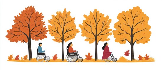 Inclusive Autumn Outing: People with Disabilities Enjoying Fall Scenery in a Park