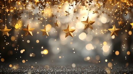 Golden star ornaments dangle elegantly amidst twinkling lights and bokeh elements, creating a celebratory and luxurious ambiance