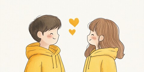 Minimalist hand-drawn boy and girl in yellow outfits sharing a romantic moment