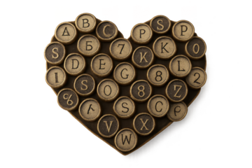 Vintage typewriter keys forming a heart shape, isolated on transparent background