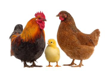 Rooster hen and chick on PNG background farm animal family portrait, rooster, hen, chicken, chick, baby chick, poultry, farm animal, livestock, bird, avian, agriculture, domestic animal, brown hen, 