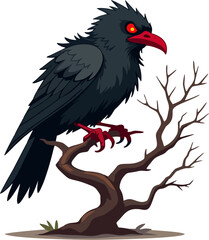 Evil Black Crow with Glowing Red Eyes Perched on Dead Tree – Horror Cartoon Vector Illustration