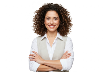 Confident woman with curly hair wearing vest and shirt isolated on transparent background