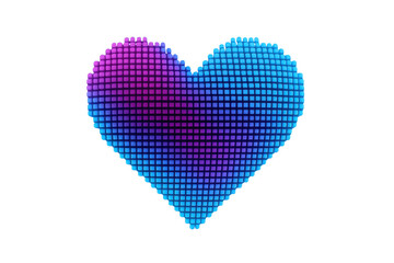 Digital pixel heart in vibrant pink and blue gradient isolated on transparent background