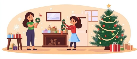 Delightful family holiday preparation scene, mother and daughter decorating wreaths indoors