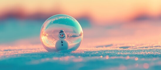 Charming miniature snowman inside a crystal ball, set against a frosty winter backdrop