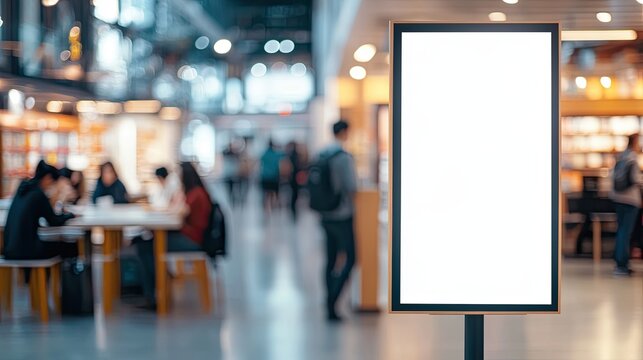 Empty advertising screen in bright indoor hall with students and natural lighting
