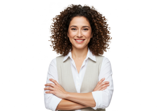 Confident woman with curly hair wearing vest and shirt isolated on transparent background