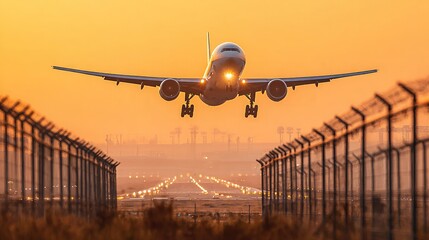 Commercial plane captured at golden hour lifting off above airport fences and lights