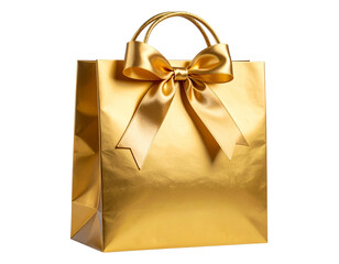 Luxurious gold gift bag with glossy finish, beautifully tied with a smooth satin ribbon bow, isolated on a clean transparent background, high-resolution PNG