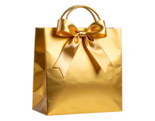 Luxurious gold gift bag with glossy finish, beautifully tied with a smooth satin ribbon bow, isolated on a clean transparent background, high-resolution PNG