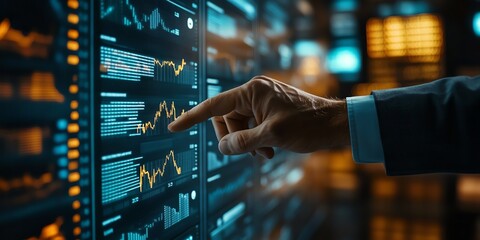 A person interacts with a digital touchscreen displaying financial charts and data in a modern, dimly lit trading or data analysis environment.
