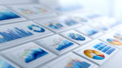 Array of business analytics intelligence diagrams on a digital tablet, showcasing charts, graphs, and pie charts in a neat layout.