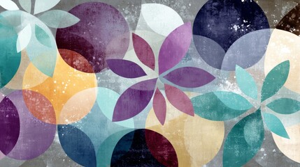 Vibrant abstract composition with overlapping circular and petal-like shapes in rich purple, teal, yellow, and beige, creating depth and layering.