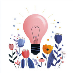 Colorful light bulb surrounded by flowers with a whimsical design  