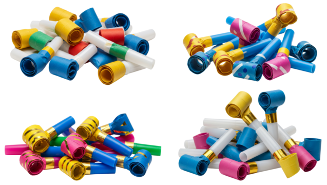 Colorful party blowers arranged on a transparent background  
