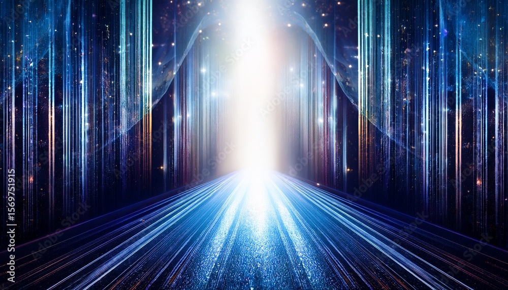 Wall mural a celestial gateway an enigmatic passage through shimmering cosmic curtains and a reflective path le