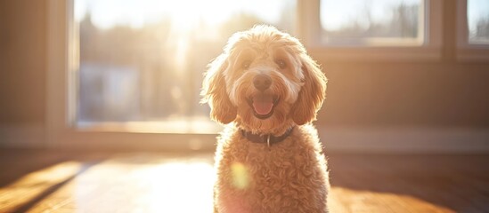 Adorable Goldendoodle sitting in a sunlit room enjoying a tranquil moment indoors