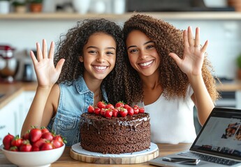 A smiling mother and daughter wave at a laptop during a video call, celebrating with a chocolate cake topped with strawberries in a bright kitchen.