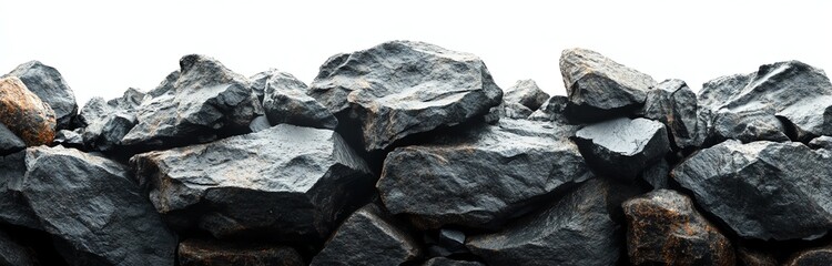 A close-up of a pile of dark, rough, irregularly shaped coal pieces against a white background.