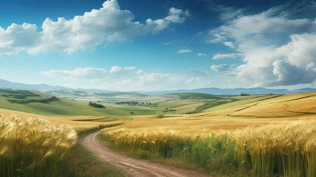 Cinematic 4K Aerial Shot of Winding Dirt Path Through Golden Grain Fields at Sunrise