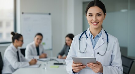 Smiling female doctor with tablet in meeting room, colleagues blurred in background