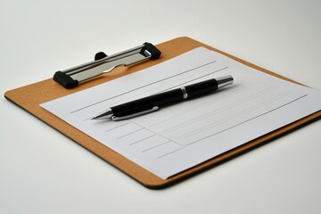 A blank clipboard with a pen resting on a clean surface, ready for notes or sketches