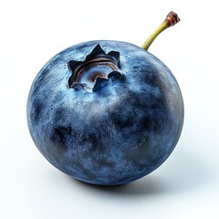 A close-up image of a ripe, plump blueberry with a textured surface and a small stem against a white background.