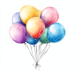 Colorful cluster of balloons tied together, floating upwards with a white background.