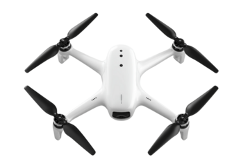 White quadcopter drone with black propellers isolated on a PNG background, drone, quadcopter, aerial, camera, technology, unmanned, vehicle, uav, photography, videography, remote, control, gadget, i