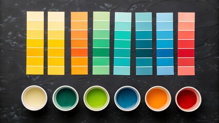 Colorful paint samples are neatly arranged with paint cups, showcasing a wide spectrum of shades for art and design projects.