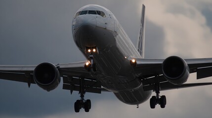 Obraz premium Plane ascending with landing gear still partially visible, captured from ground level