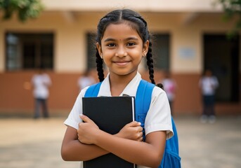 Smiling Indian schoolgirl with braids holding a book in front of the school