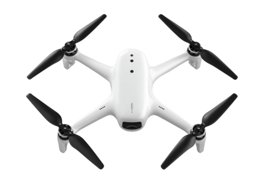 White quadcopter drone with black propellers isolated on a PNG background, drone, quadcopter, aerial, camera, technology, unmanned, vehicle, uav, photography, videography, remote, control, gadget, i