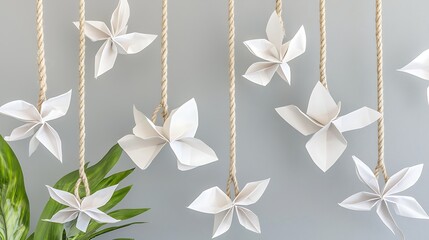 Delicate white paper talismans hanging from shrine ropes, moving softly in the gentle wind at a tranquil forest shrine border