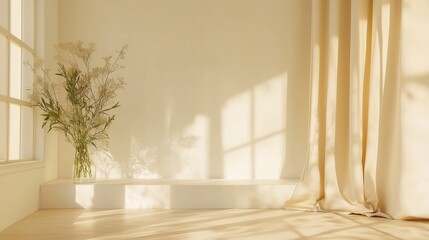 Fototapeta premium Bright and serene interior space with natural light and decorative elements at midday