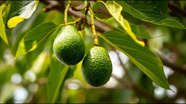 Two ripe avocados hang from a branch, gently swaying in the breeze, their green skins contrasting with the vibrant leaves of the avocado tree, creating a tranquil scene of natural abundance