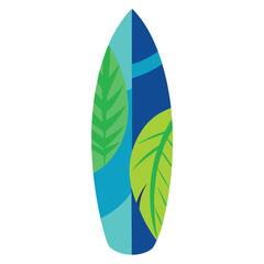 Stylized illustration of a surfboard standing upright adorned with a vibrant tropical leaf pattern perfect for summer and beach themes