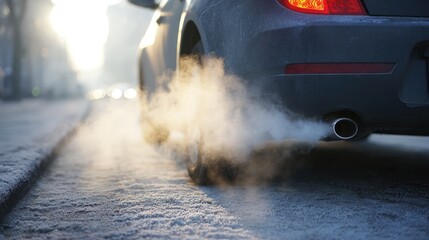 Thick exhaust fumes rising from a car's tailpipe on a cold morning with frosty pavement
