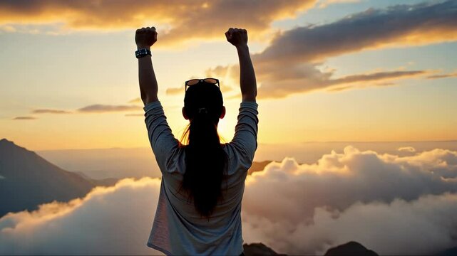 A woman stands on a mountain peak, her right arm is raised in a fist pump as she celebrates reaching the summit.