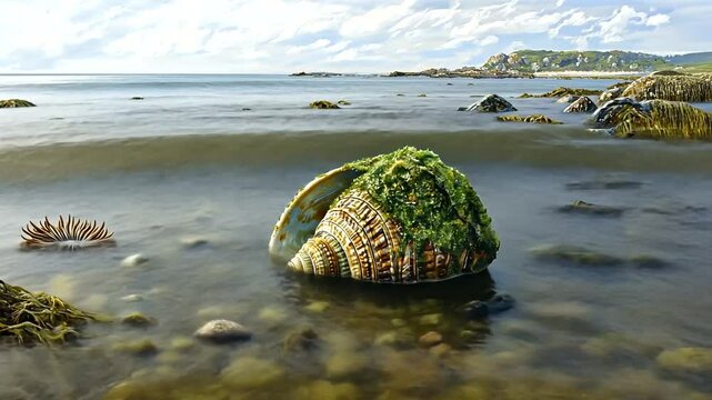 Coastal scene featuring a large shell covered in moss, surrounded by sea life and rocky shoreline