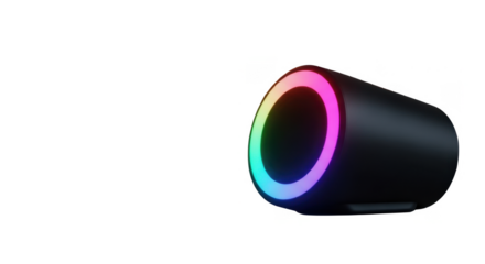 A modern, black speaker with a colorful, illuminated ring design.