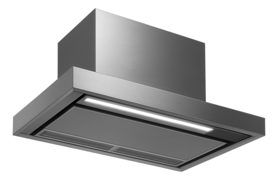 Telescopic range hood with LED lighting, enhancing visibility while cooking in an urban loft.