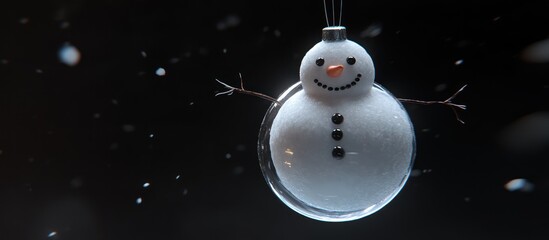 Snowman ornament in a glass sphere against a backdrop of softly falling snow